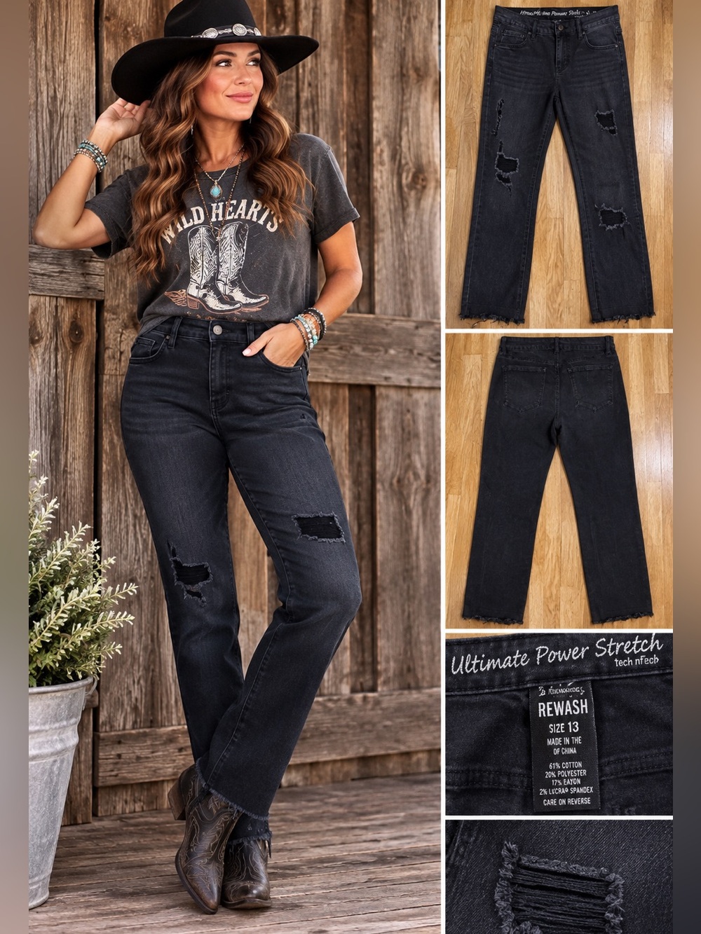 Rewash by Democracy Black Distressed Straight Leg Jeans Size 13